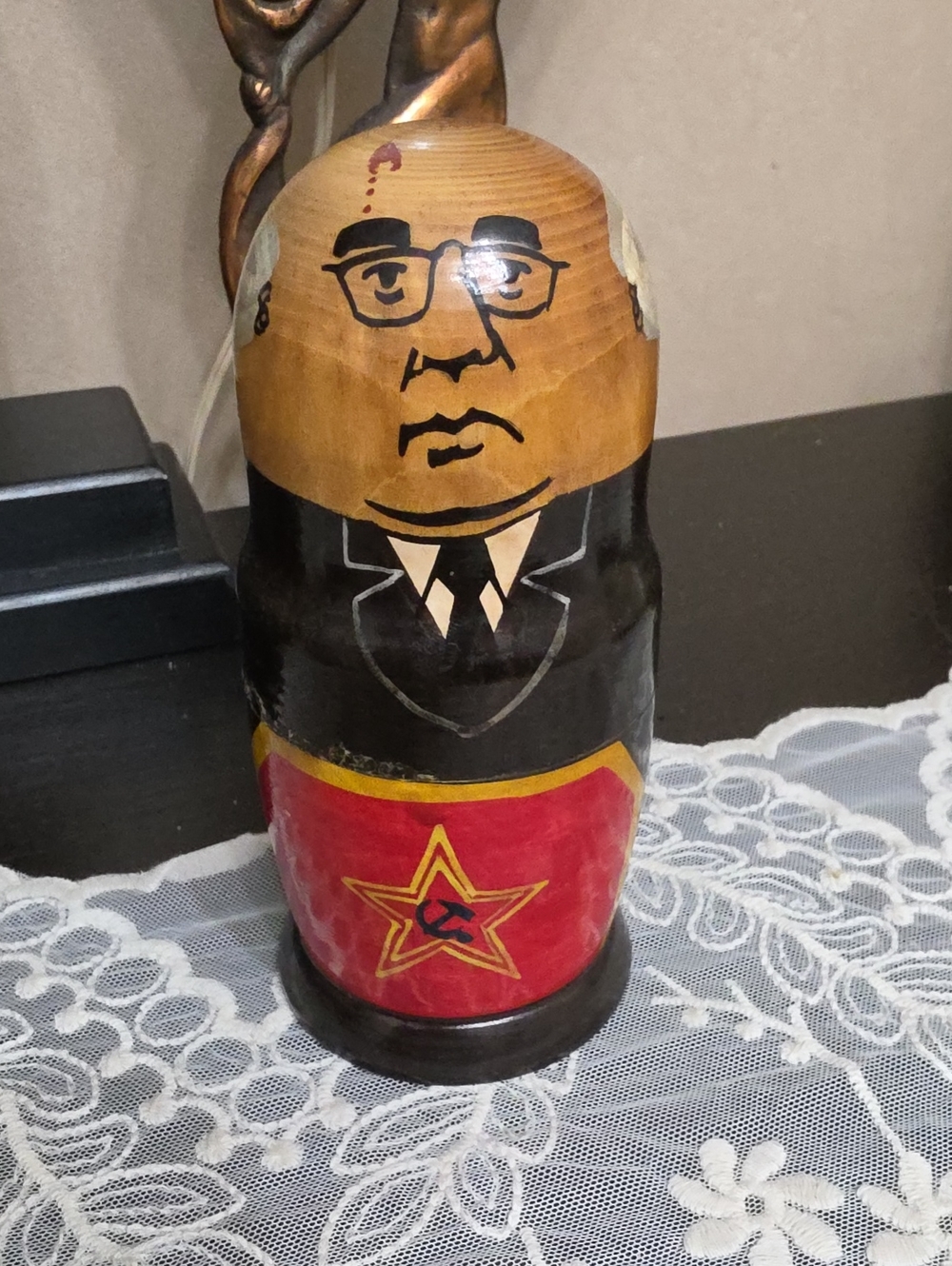 Vtg 1980 Hand-Painted Wooden Nesting Doll with Red Star Motif Crazy Leader
